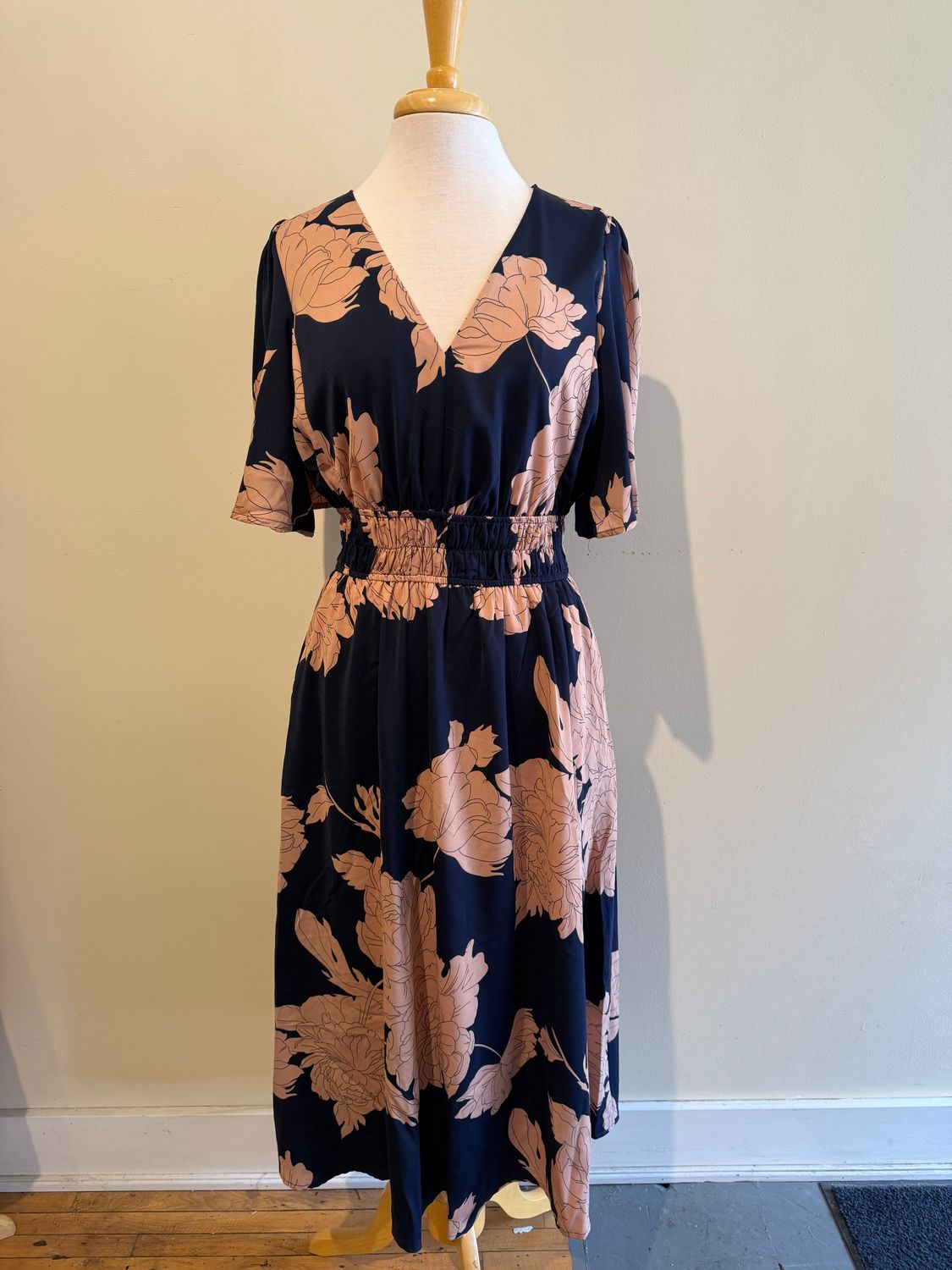 Wren Navy Floral Smocked Midi Dress