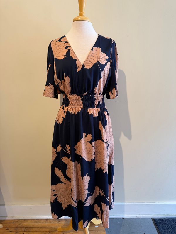 Wren Navy Floral Smocked Midi Dress