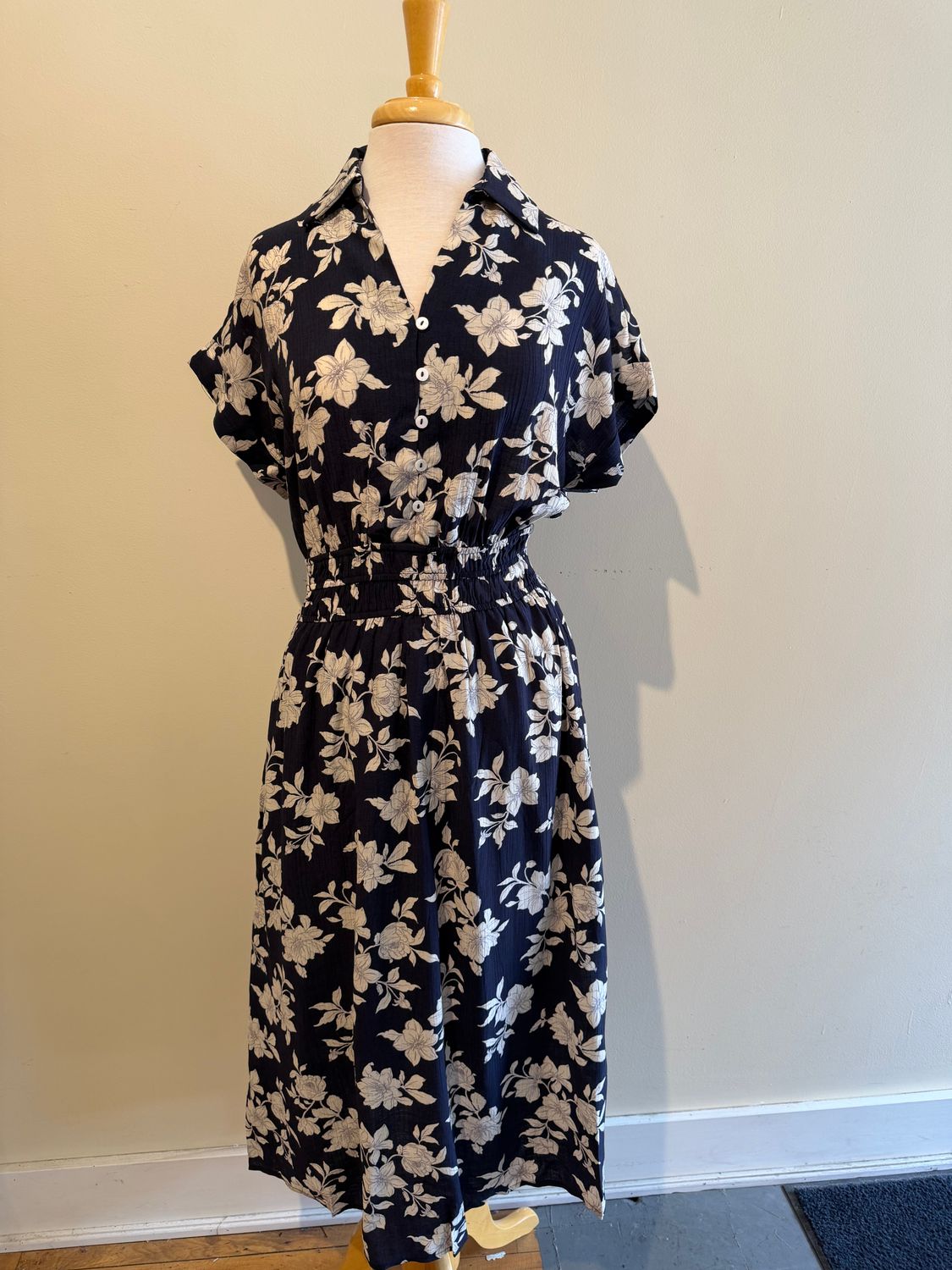 Blossom Navy Floral Smocked Button Midi Dress