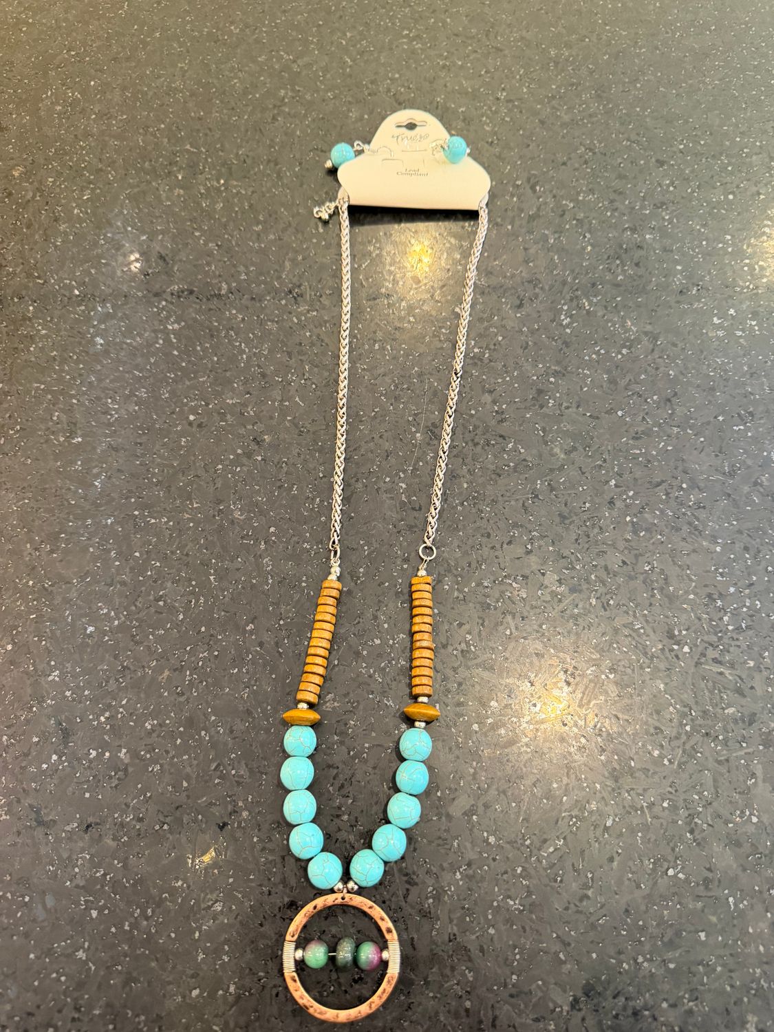 Silver Necklace Brown Turq Beads