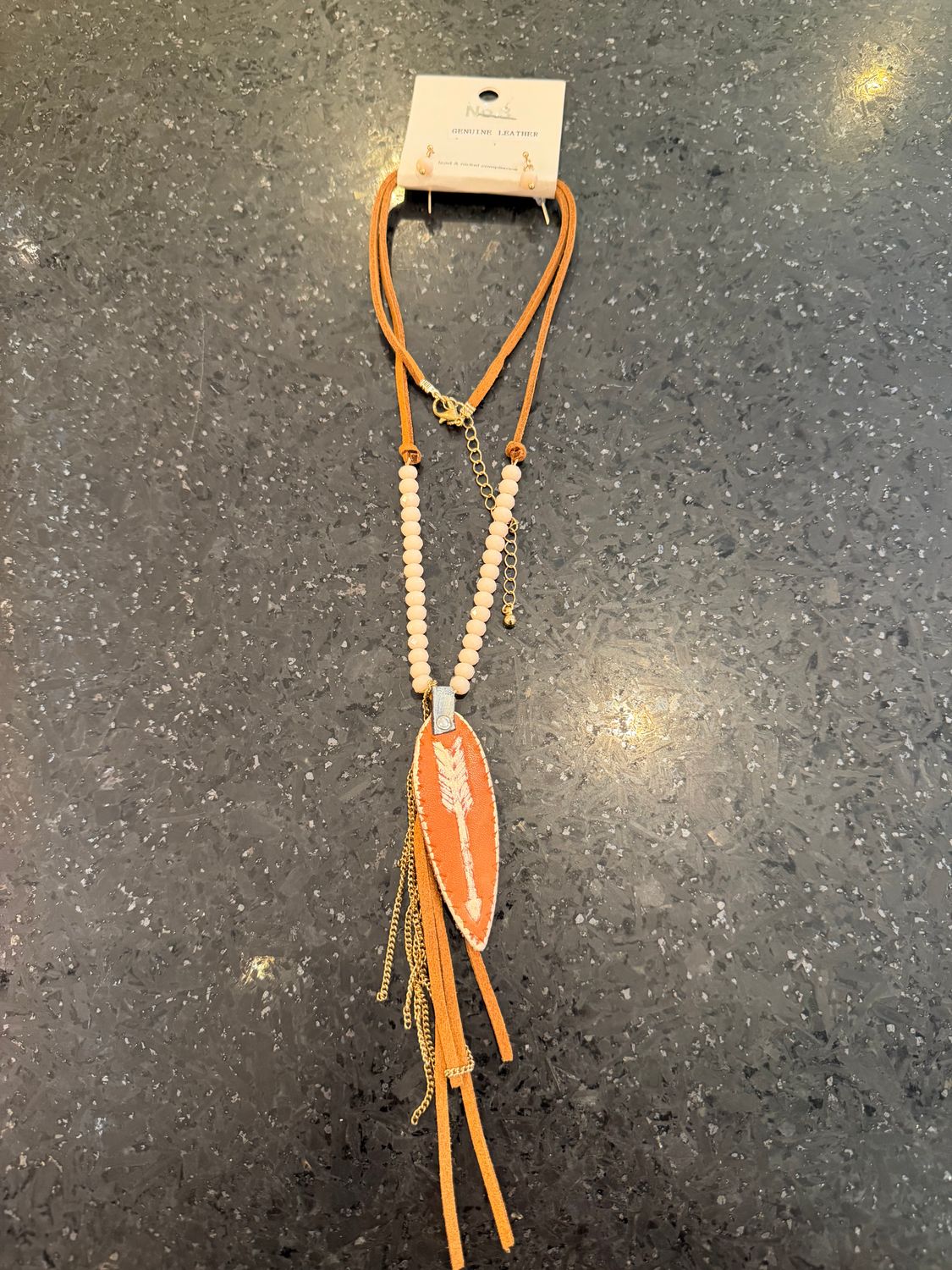 Brown Leather Beaded Arrow Pendant Necklace