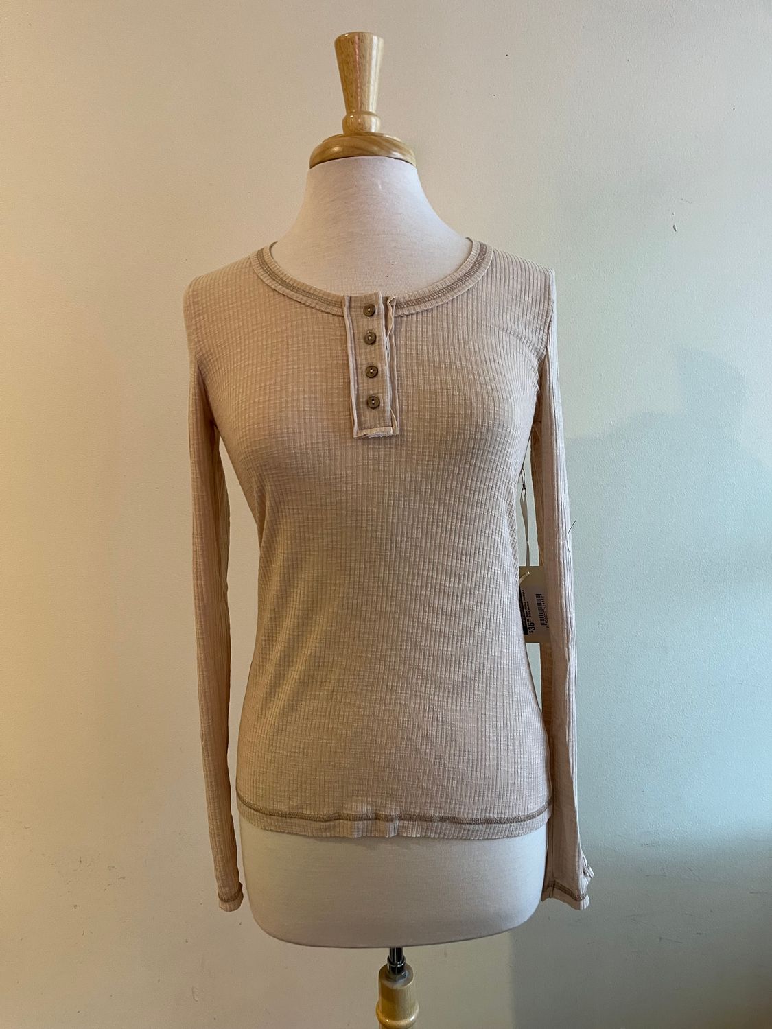 Reese Ribbed Henley LS, Color: Beige, Size: Small