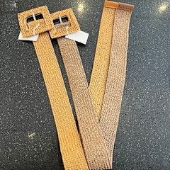 Wood Square Buckle Straw Stretch Belt