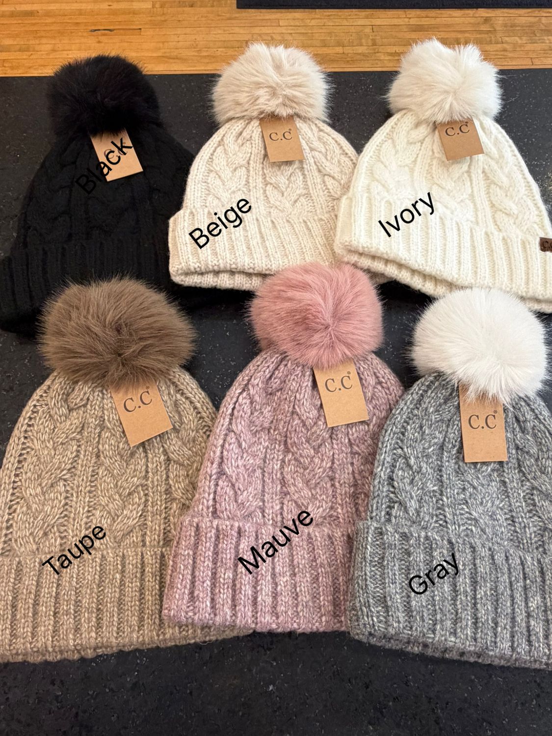 CC Heather Cable Satin Lining Pom Beanie