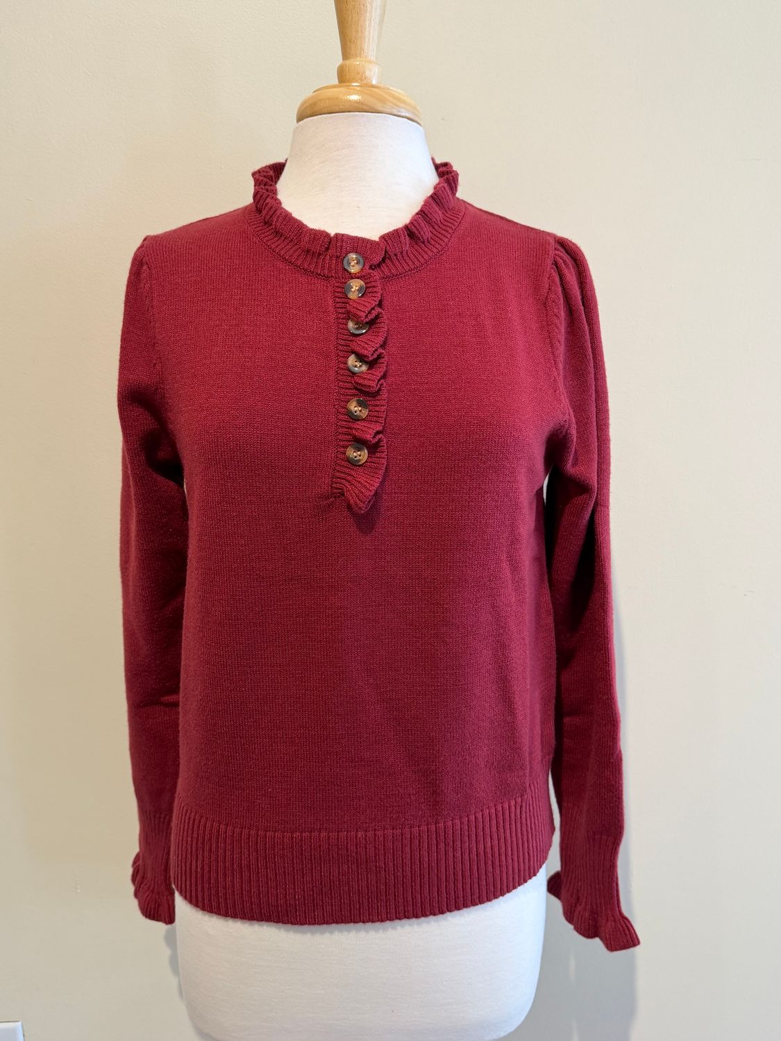 Opal Wine Ruffle Button Sweater