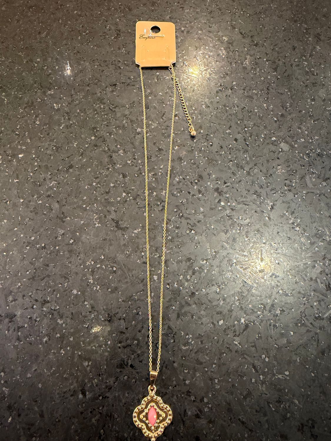 Gold Necklace Pendant Pink Stone