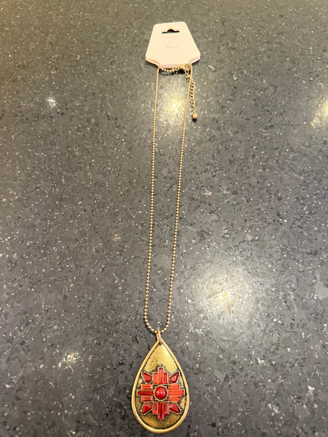 Long Gold  Red Stone Pendant Necklace
