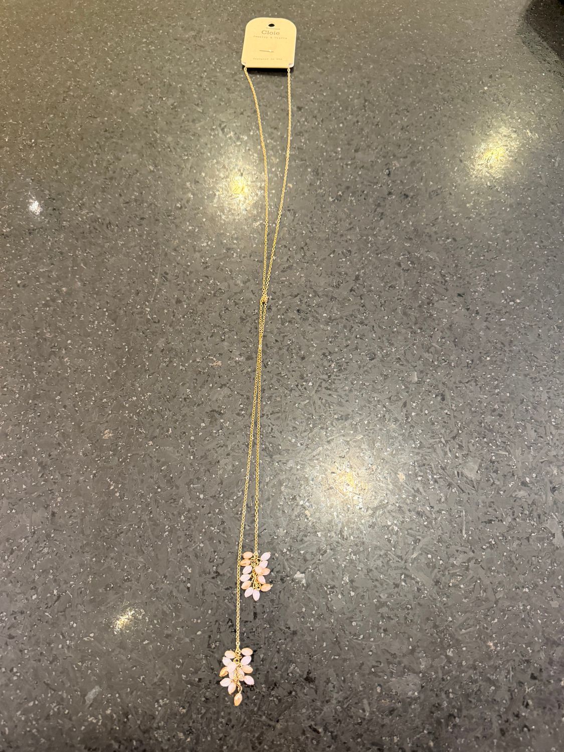 Long Gold Necklace w/ Pink Stones