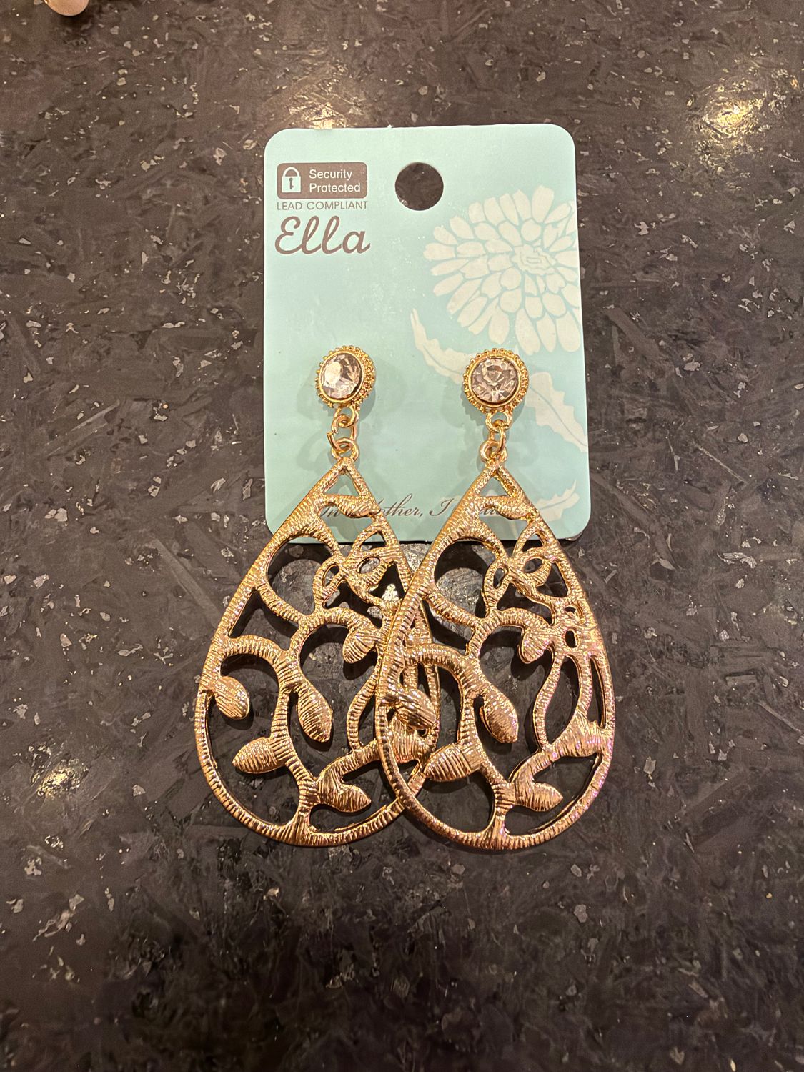 Gold Ornate Oval Stone Earrings