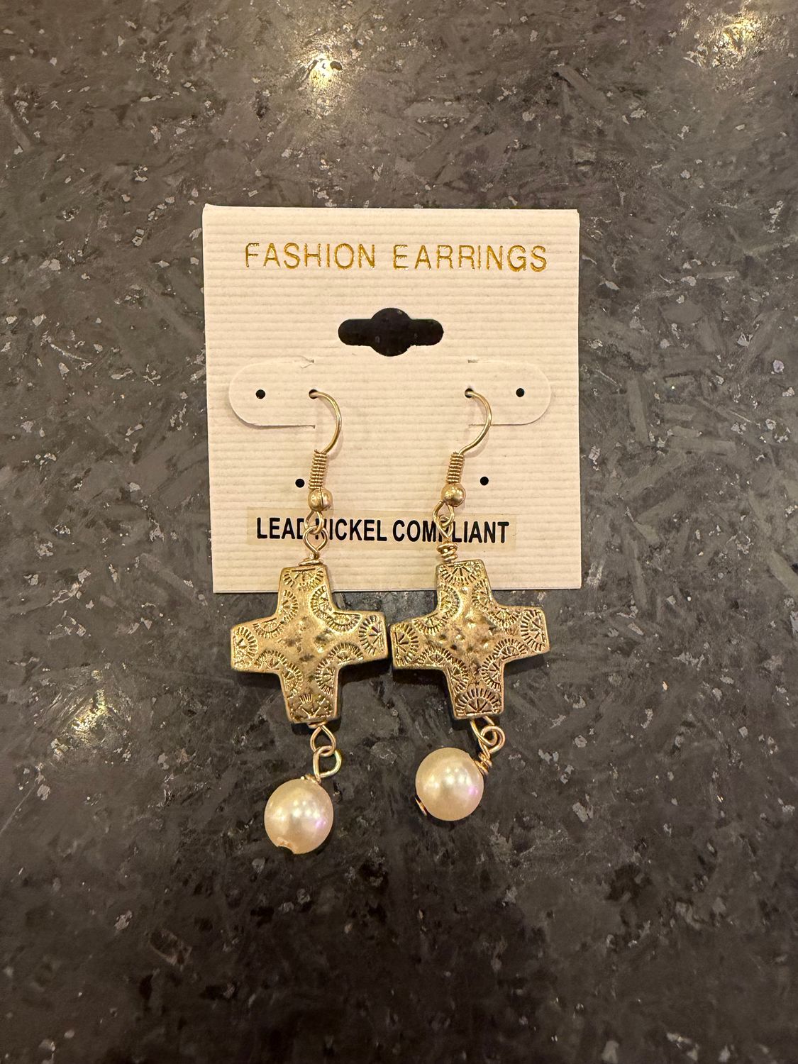 Gold Cross Pearl Earrings