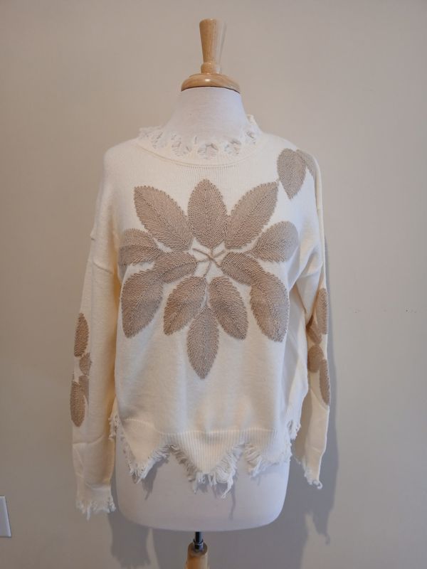 Lola Ivory Embroid Distressed Sweater