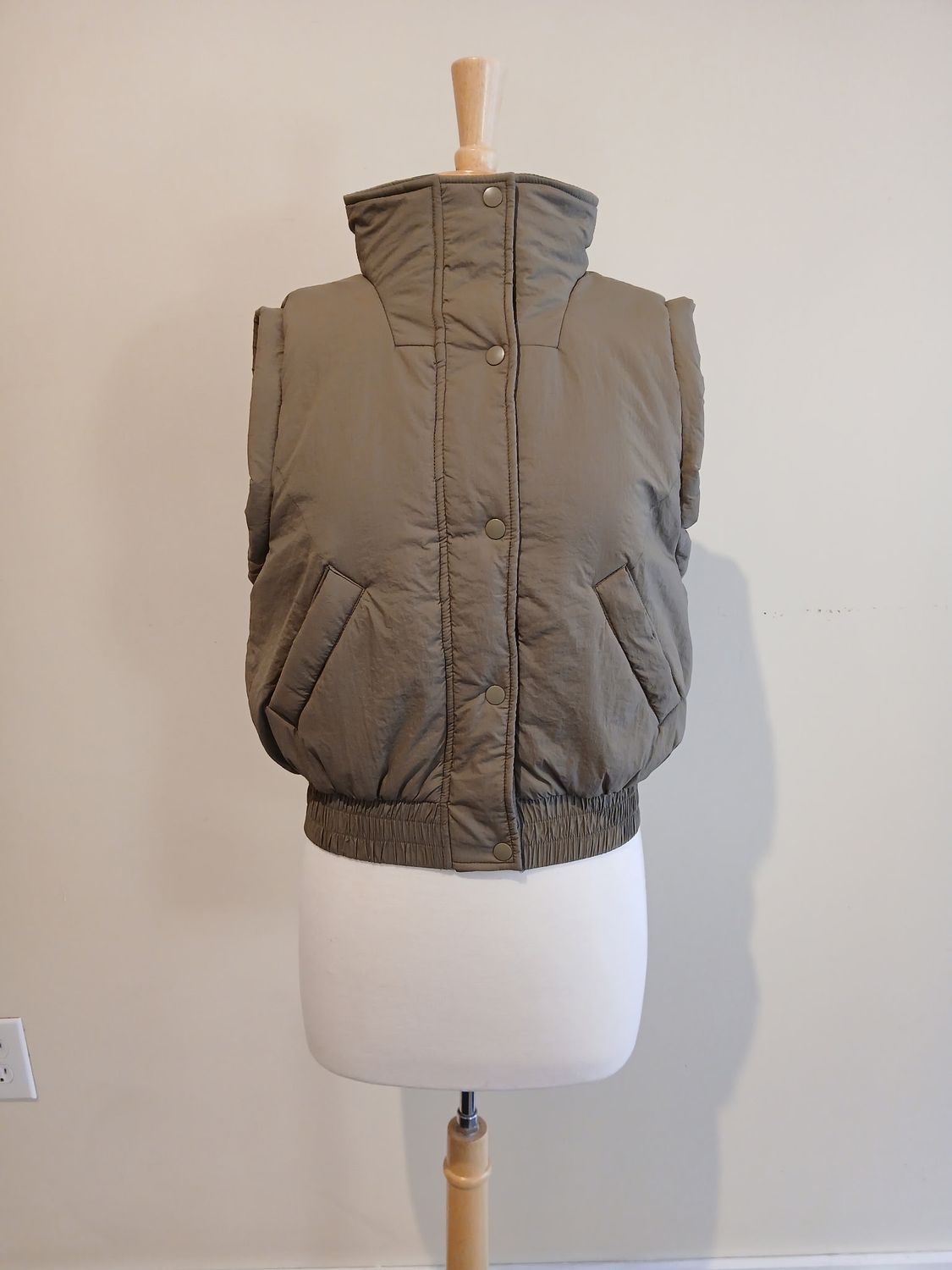 Julie Olive Crop Mock Puffer Snap Vest