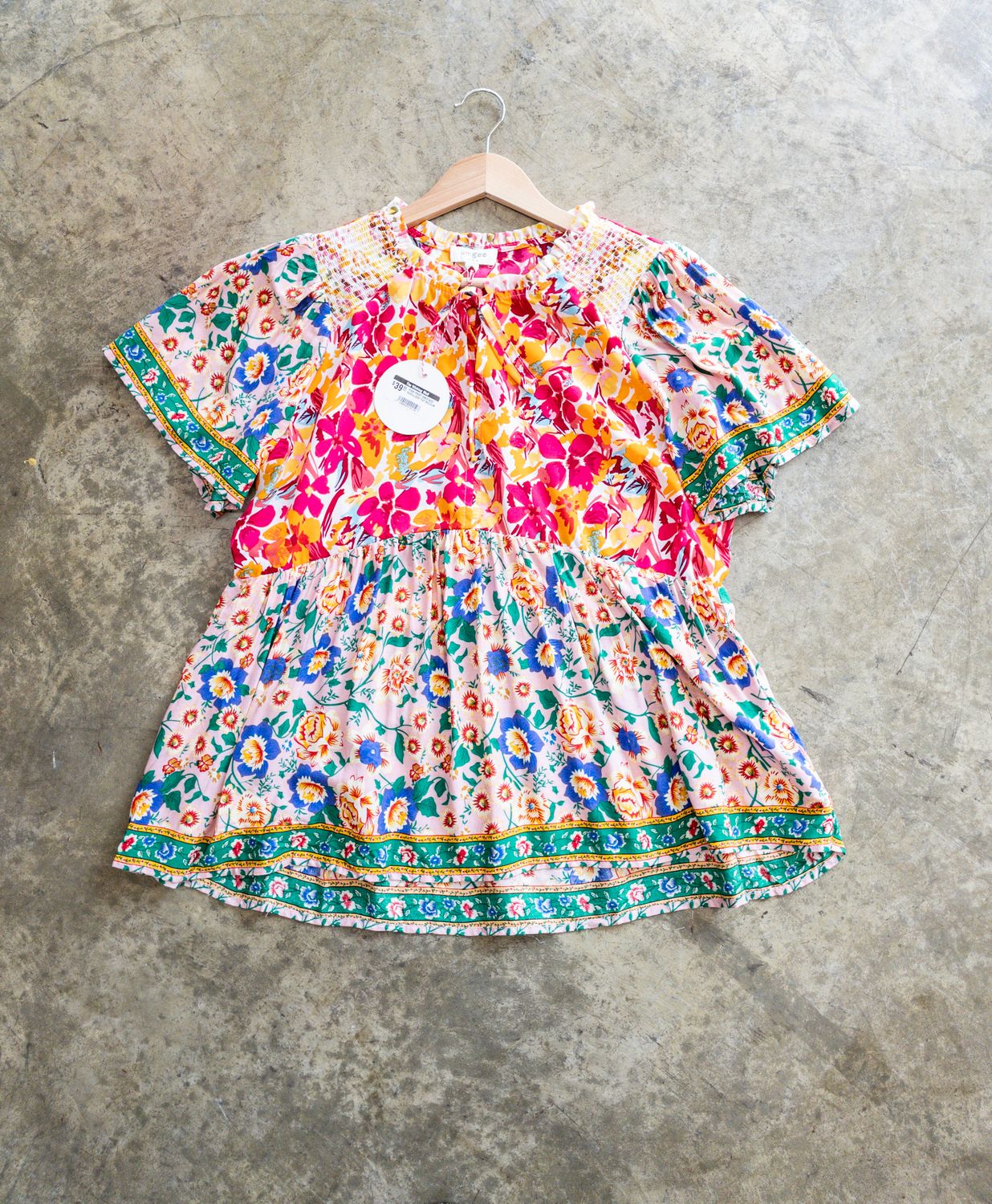 PINK PRINT SMOCKED SHOULDER TOP