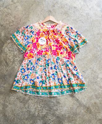 PINK PRINT SMOCKED SHOULDER TOP