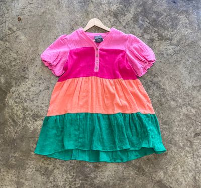 COLOR BLOCK PUFF SLEEVE DRESS