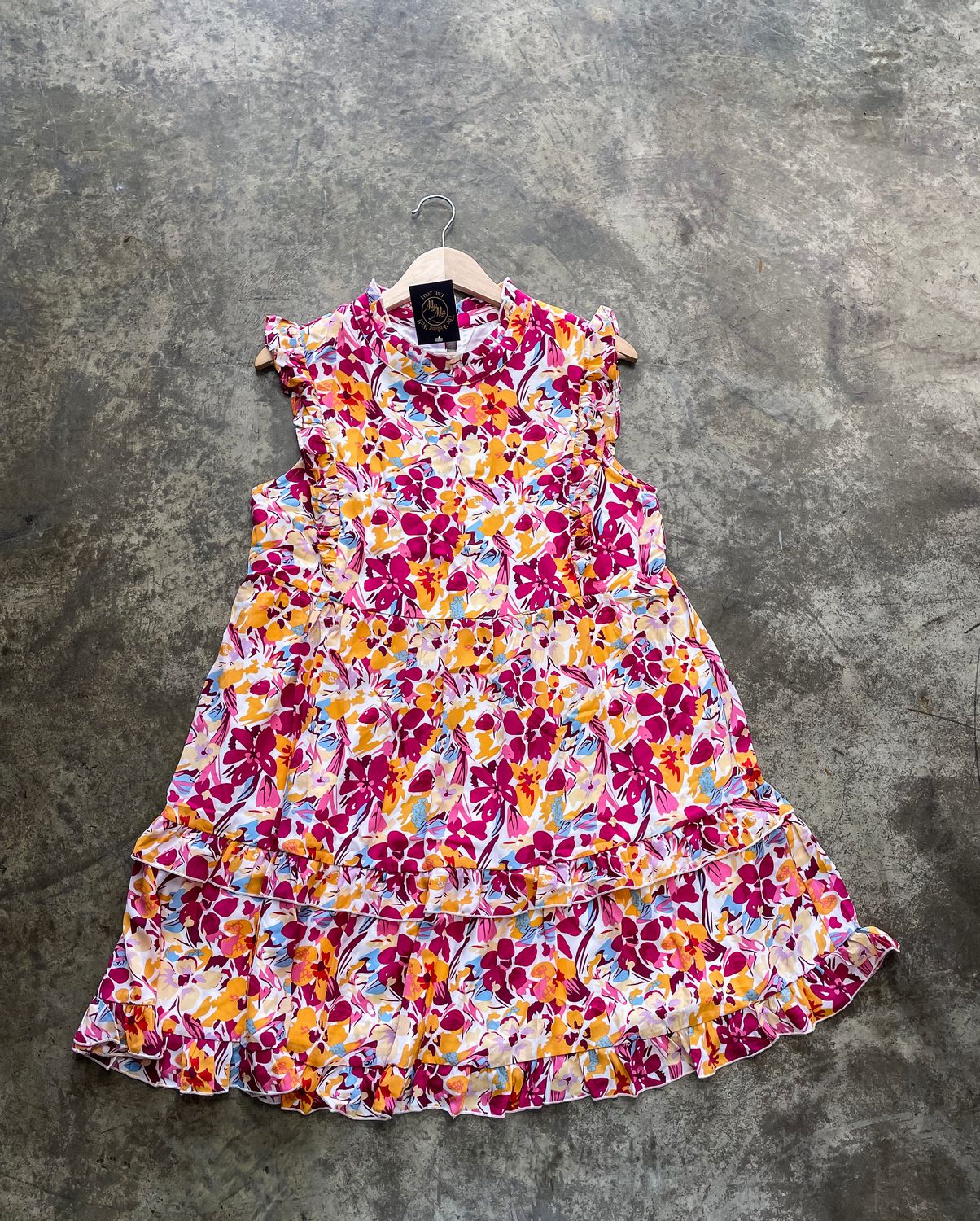 FIERY RED RUFFLE TRIM FLORAL MINI DRESS