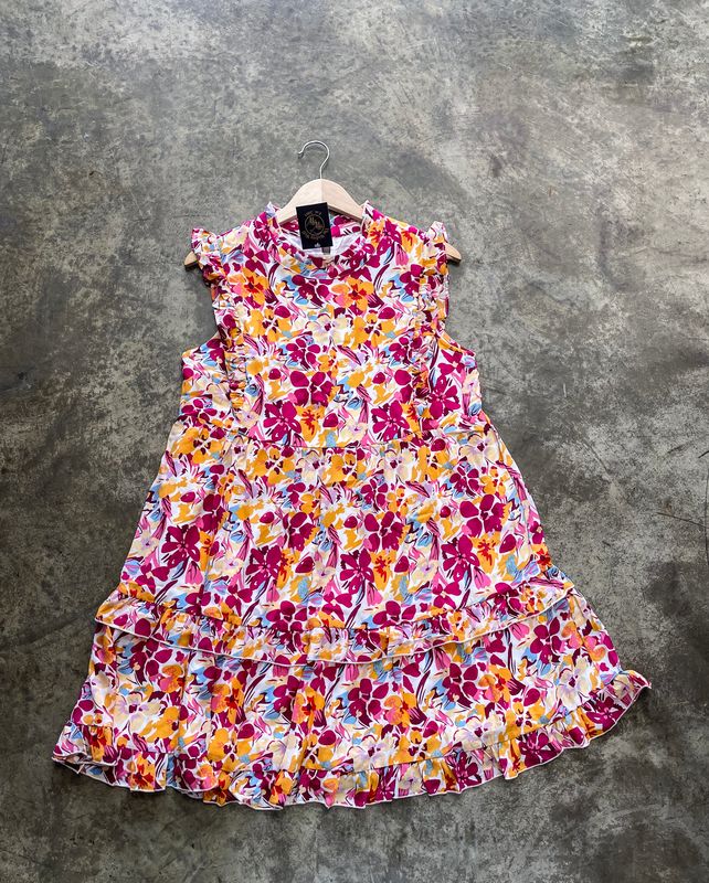 FIERY RED RUFFLE TRIM FLORAL MINI DRESS