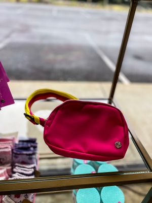 HOT PINK BELT BAG W/ STRIPED STRAP