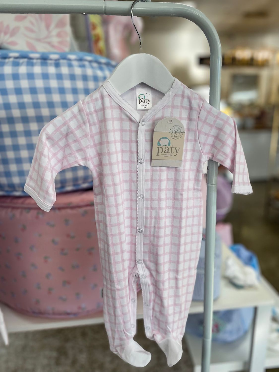 PINK GINGHAM PIMA FOOTIE - 3 MOS
