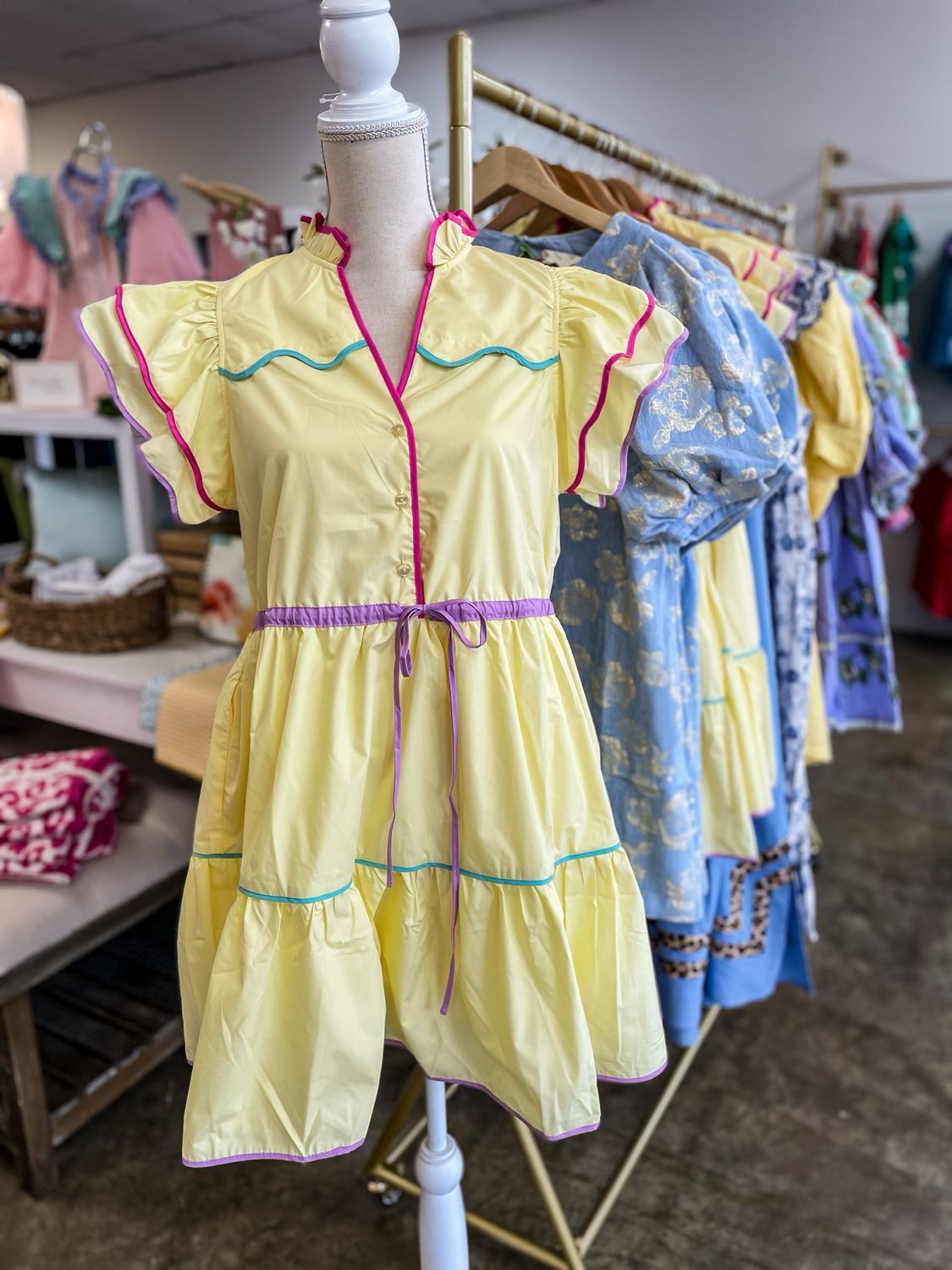 LEMON COLOR TRIMMED DRESS