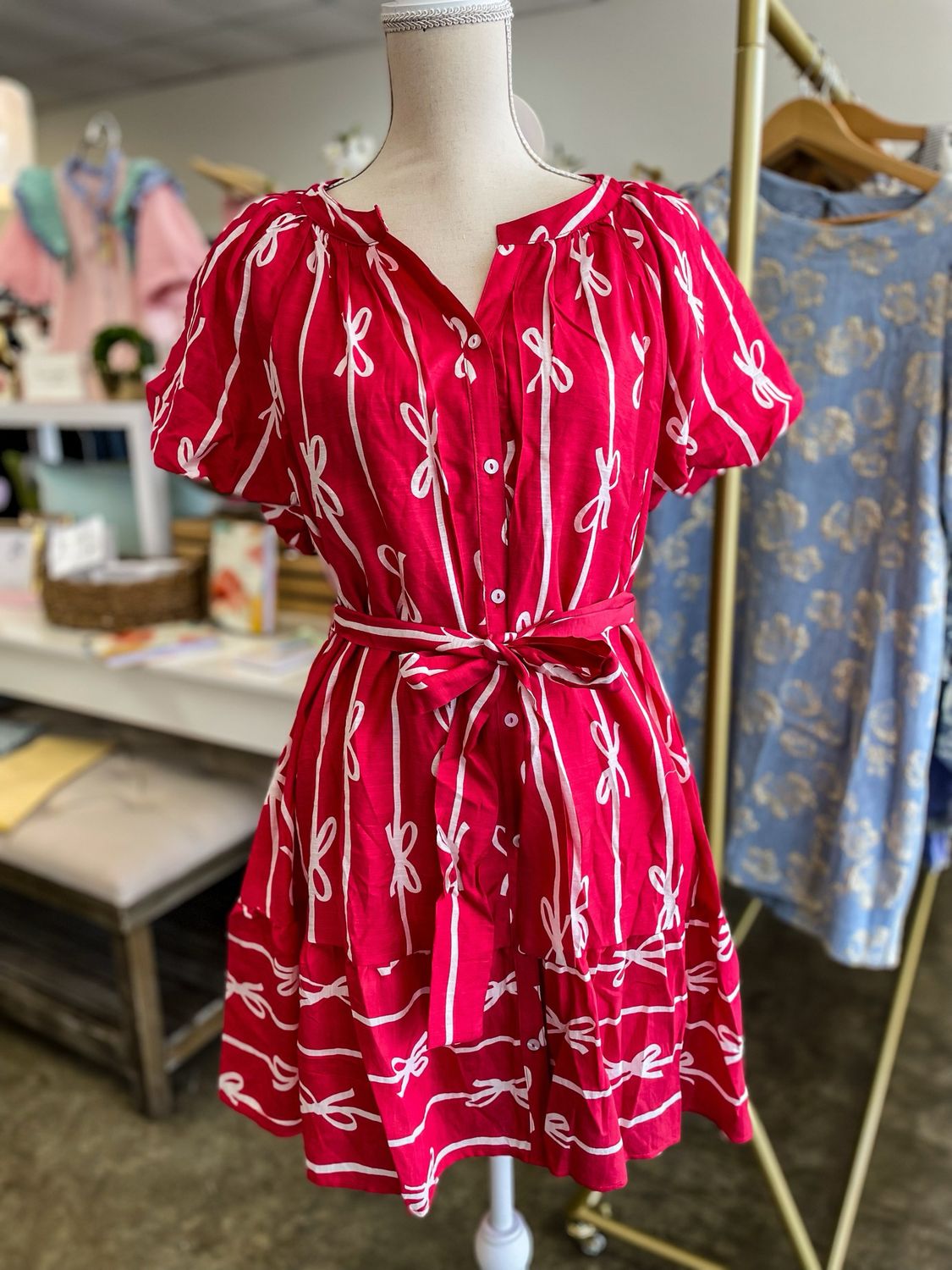 HOT PINK/CREAM BOW PRINT FLUTTER DRESS