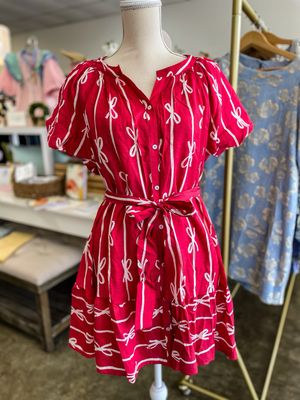 HOT PINK/CREAM BOW PRINT FLUTTER DRESS