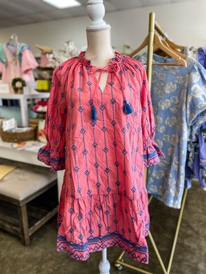 PINK EMBROIDERED SPLIT NECK DRESS