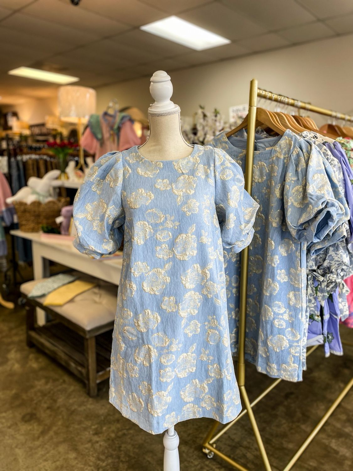 LIGHT BLUE FLORAL JACQUARD MINI DRESS