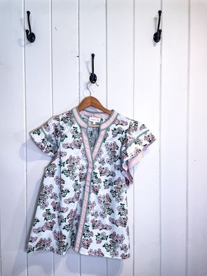 PINK FLORAL GREEN STRIPE TRIM  DETAILED TOP
