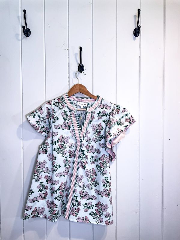 PINK FLORAL GREEN STRIPE TRIM  DETAILED TOP