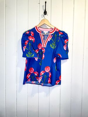 Blue Poppy Flower Puff Sleeve Small