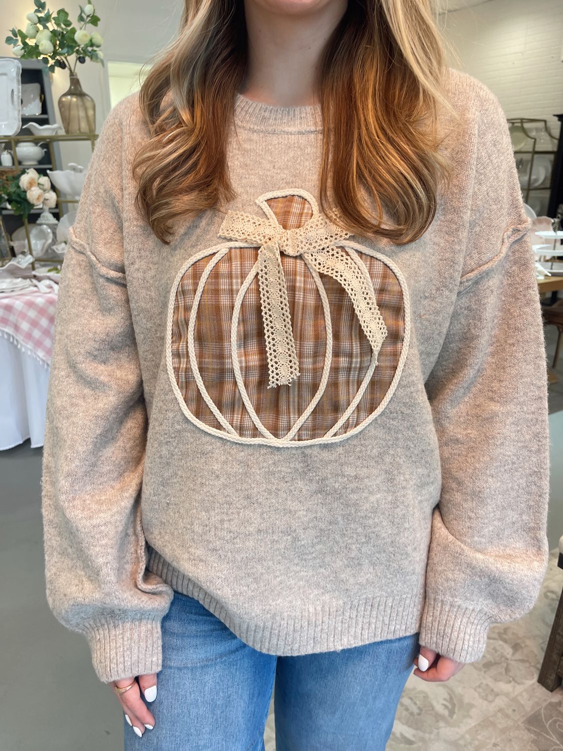 PLAID PUMPKIN W/ COTTON BOW SWEATER