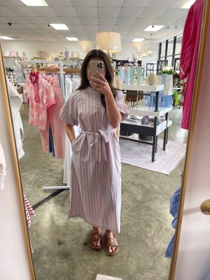 Drop Shoulder Side Slit Stripe Midi Dress
