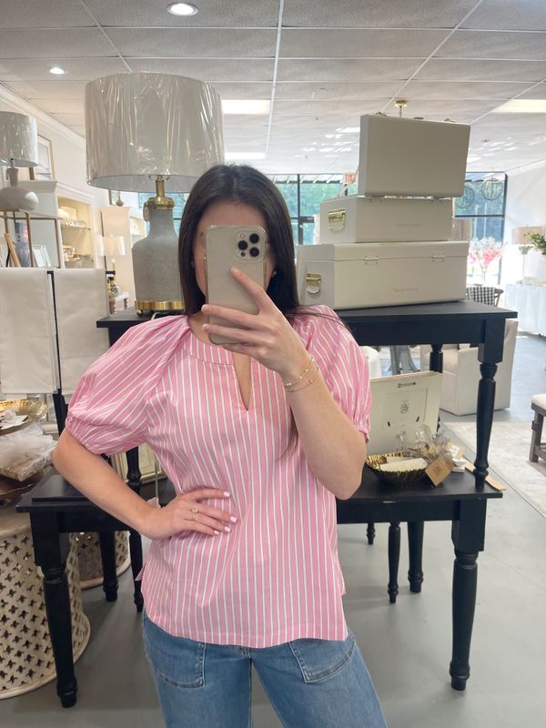 SHOULDER PINTUCK DETAIL STRIPE PEASANT TOP