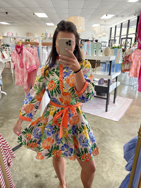 WAIST TIE FLORAL TIERED DRESS