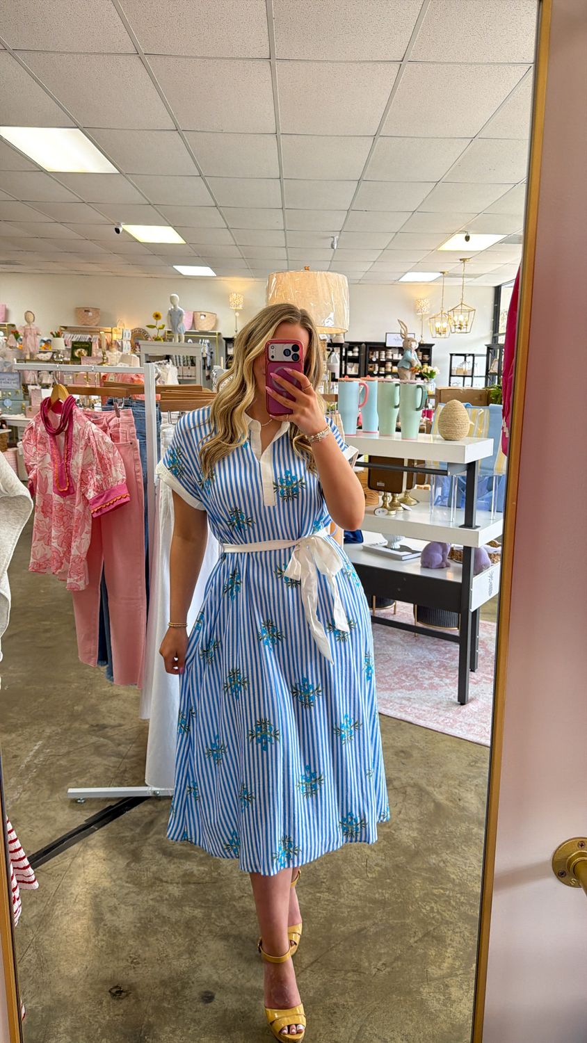 WAIST TIE STRIPE FLORAL PRINT MIDI DRESS