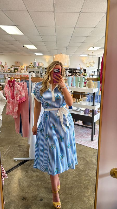 WAIST TIE STRIPE FLORAL PRINT MIDI DRESS