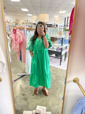 PUFF SLEEVES EMBROIDERED MIDI DRESS