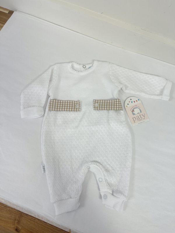 LS ROMPER W/ KHAKI GINGHAM SIDE TABS NB 5-10LBS