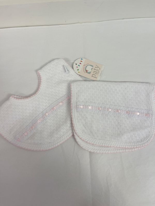 PINK EYELET BIB/BURP SET