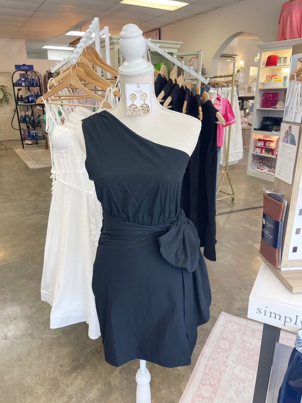 ONE SHOULDER ASYMMETRIC NECK TIE DRESS
