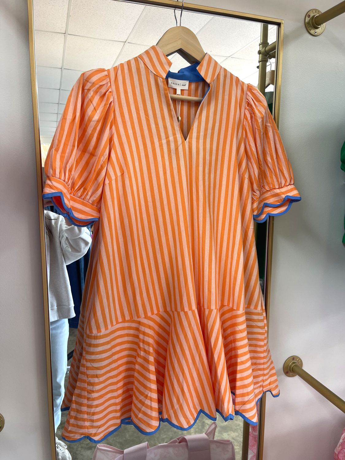 ORANGE STRIPE BLUE TRIM DRESS