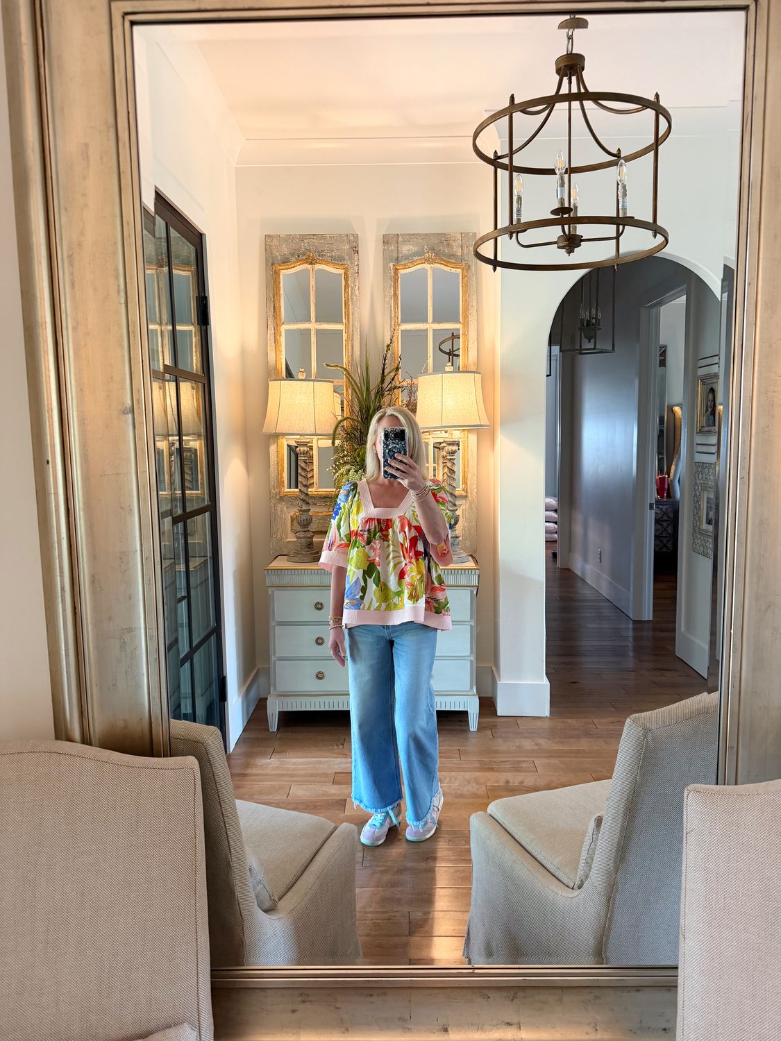 FLORAL SQUARE NECK CONTRAST TRIM BLOUSE