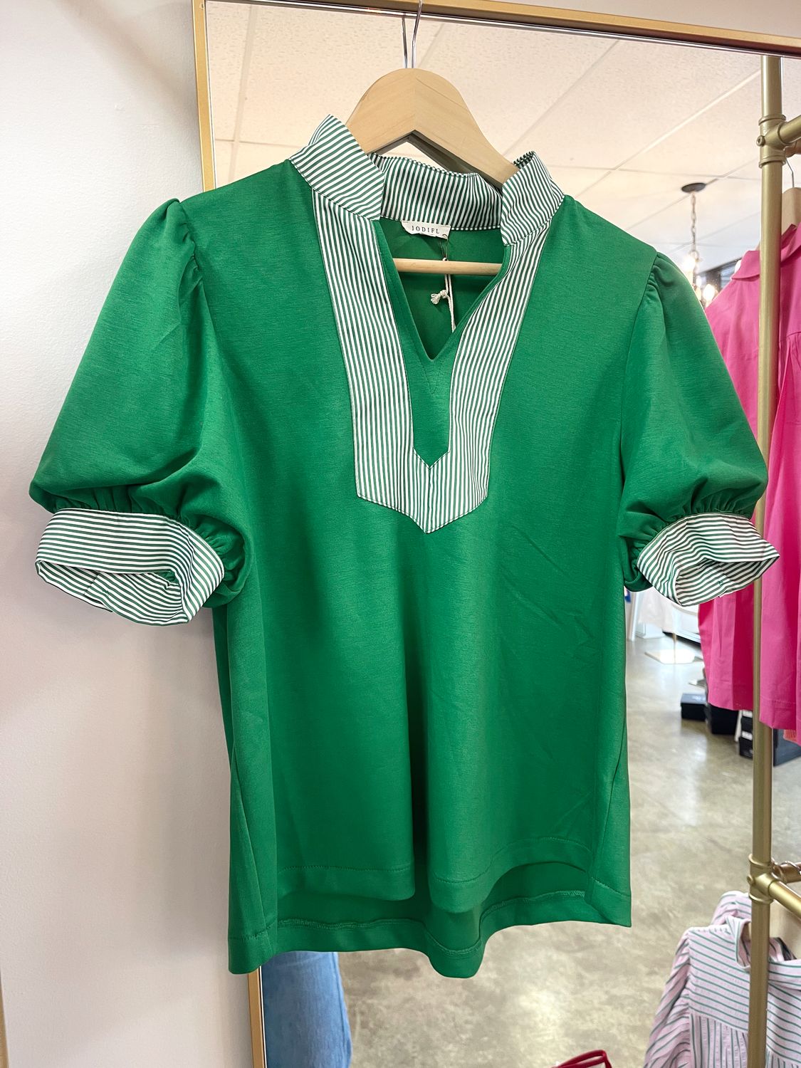 PINE GREEN WITH STRIPE COLLAR TOP