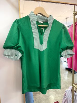 PINE GREEN WITH STRIPE COLLAR TOP