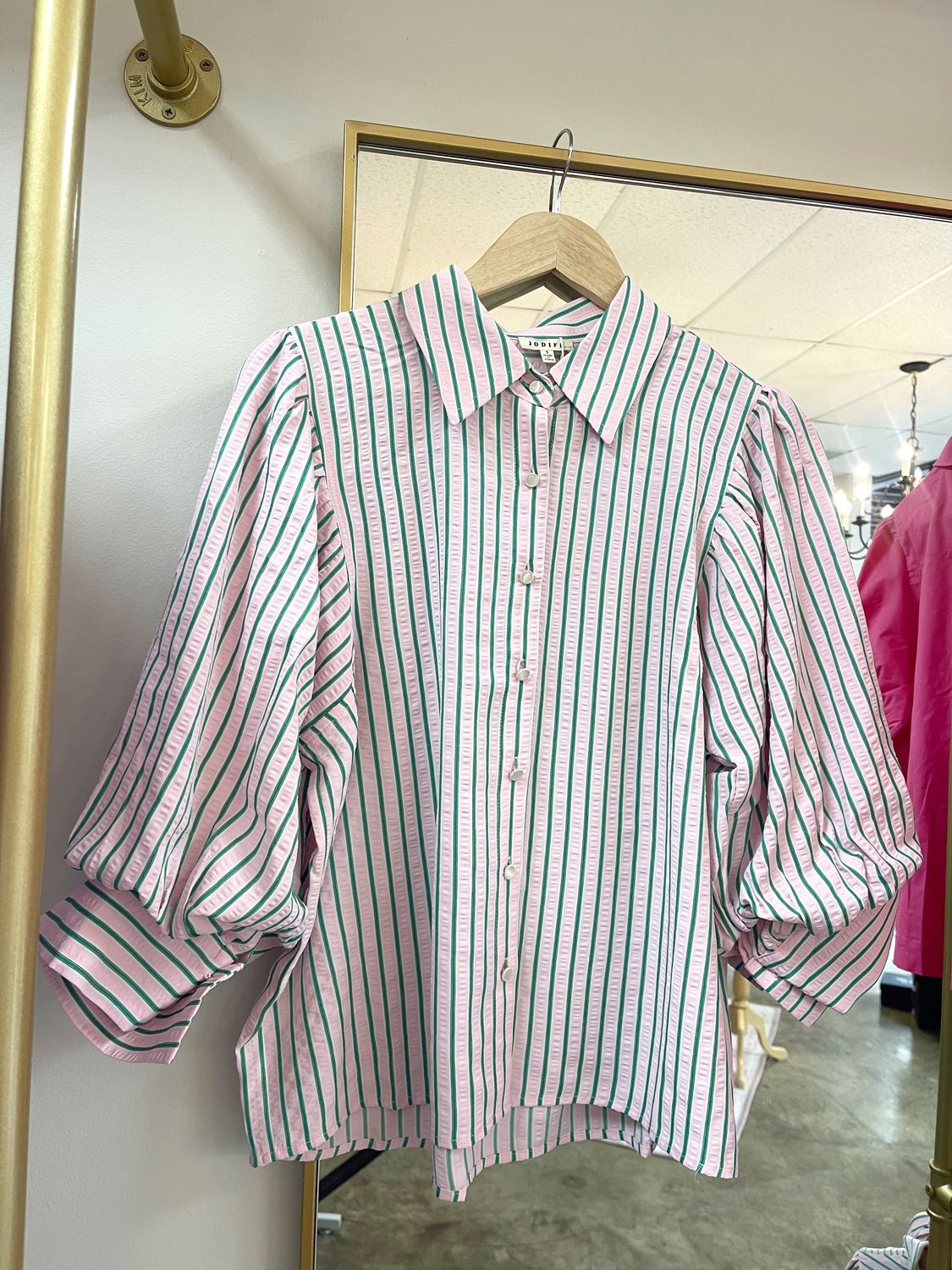 PINK AND GREEN STRIPED TOP WITH BUTTON DESIGN