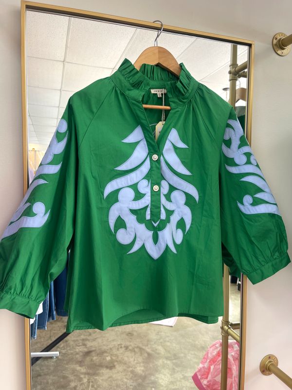  BOTANICAL BAROQUE DESIGN TOP KELLY GREEN W/ BLUE