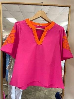 Baroque Applique Detail Solid Top Hot Pink