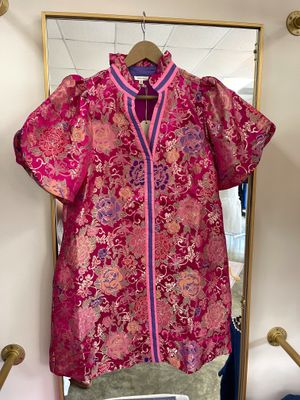 Ruffled Neckline Floral Jacquard Dress Magenta