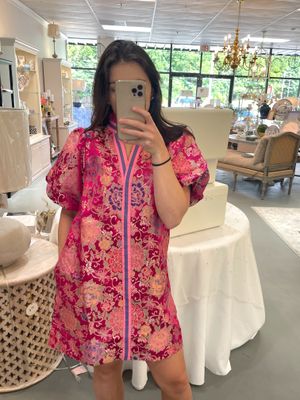 Ruffled Neckline Floral Jacquard Dress  Magenta